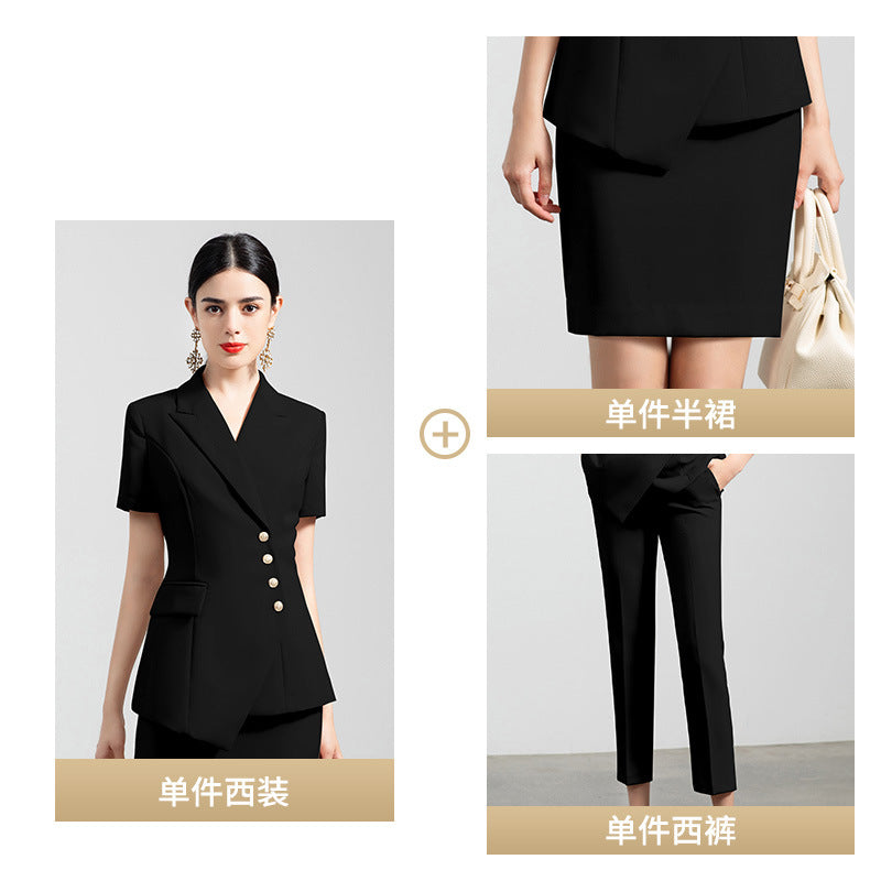 Summer business wear women's elegant thin short-sleeved suit apricot double-breasted fashion work clothes suit President formal wear