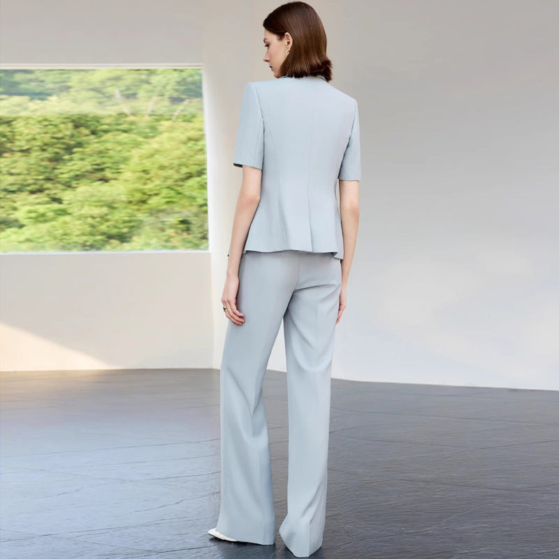 Summer New Light Blue Short-Sleeved Suit Suit Slimming Look Simple Elegant Manager Formal Work Clothes Suit Pants