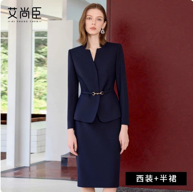Spring and Autumn Fashion New Small V Neck Navy Blue Professional Women's Pants Suit Slim Fit Slim Manager Formal Work Clothes Ol