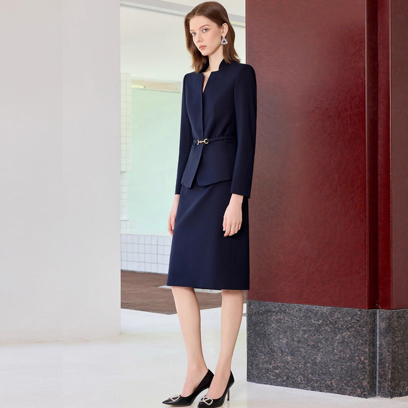 Spring and Autumn Fashion New Small V Neck Navy Blue Professional Women's Pants Suit Slim Fit Slim Manager Formal Work Clothes Ol