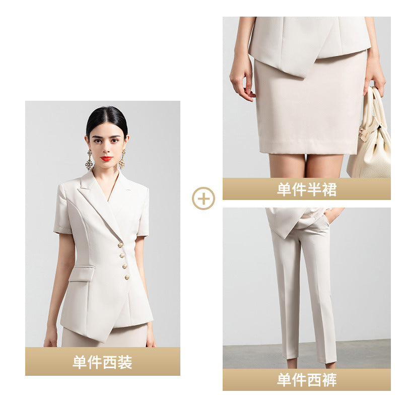 Summer business wear women's elegant thin short-sleeved suit apricot double-breasted fashion work clothes suit President formal wear