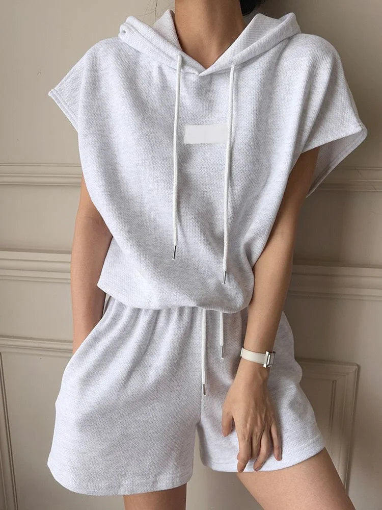 Casual Sportswear Set Women's Summer Fashion High Waist Wide Leg Shorts Two-Piece Suit Short Sleeve Hoodie Loose Fit Streetwear