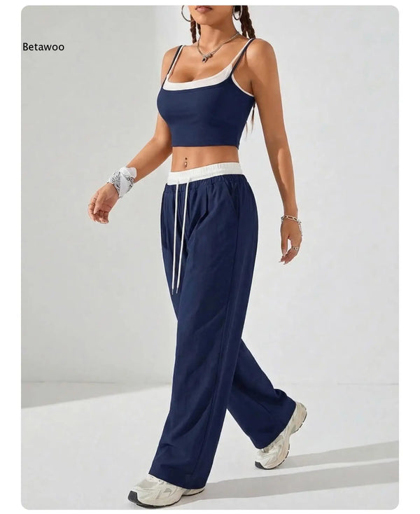 Casual 2 Piece Streetwear Set for Women, Contrast Trim Cami Crop Top with Wide Leg Pants