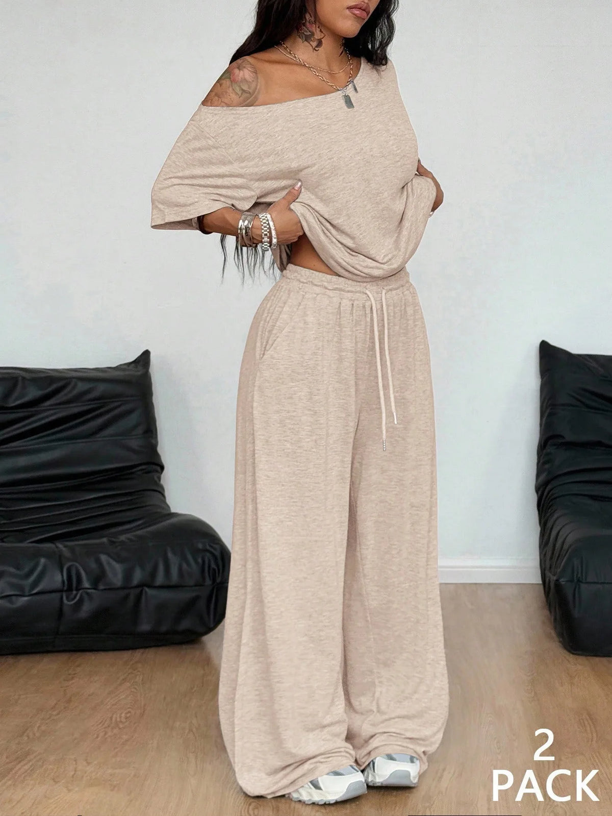 Casual New In Matching Sets 2 Pieces Set For Woman Two Piece Outfits Blusas T Shirt Tees Simple Style Homewear Loose Solid Color