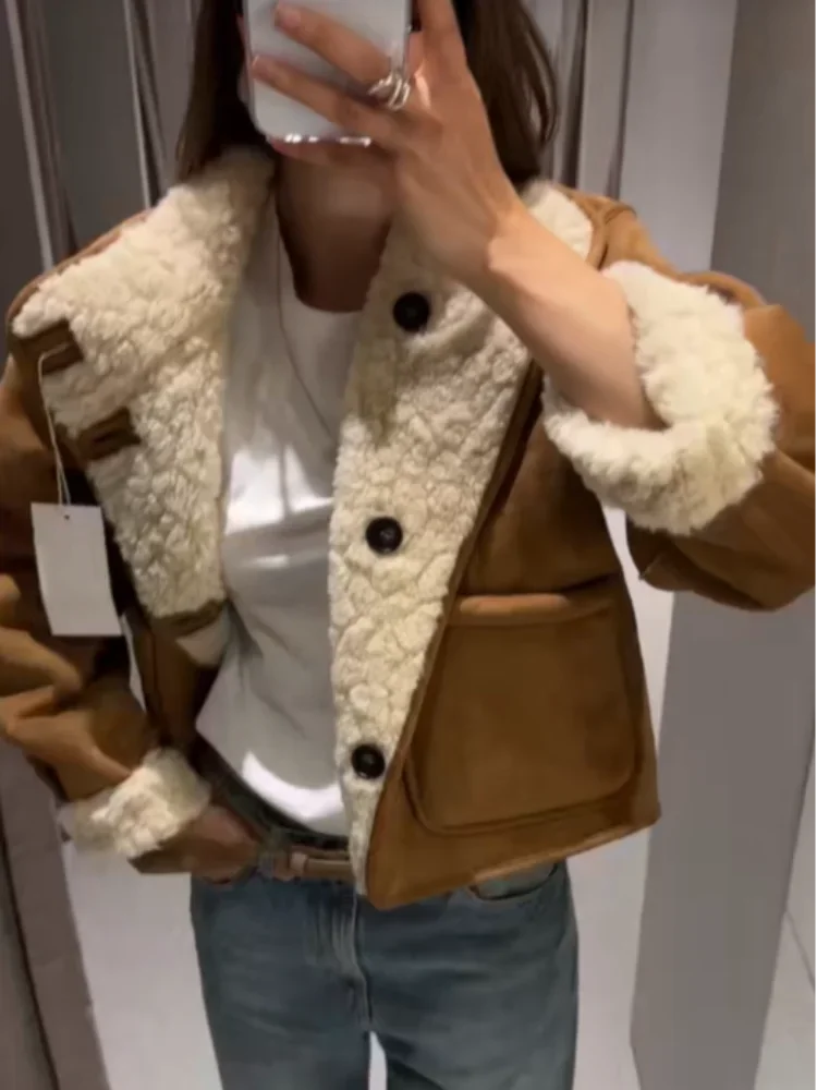 Casual Lapel Lamb Wool Jacket Women Chic Pocket V-neck Stand Collar Loose Short Coat Fashion Daily Office Warm Street Outerwears