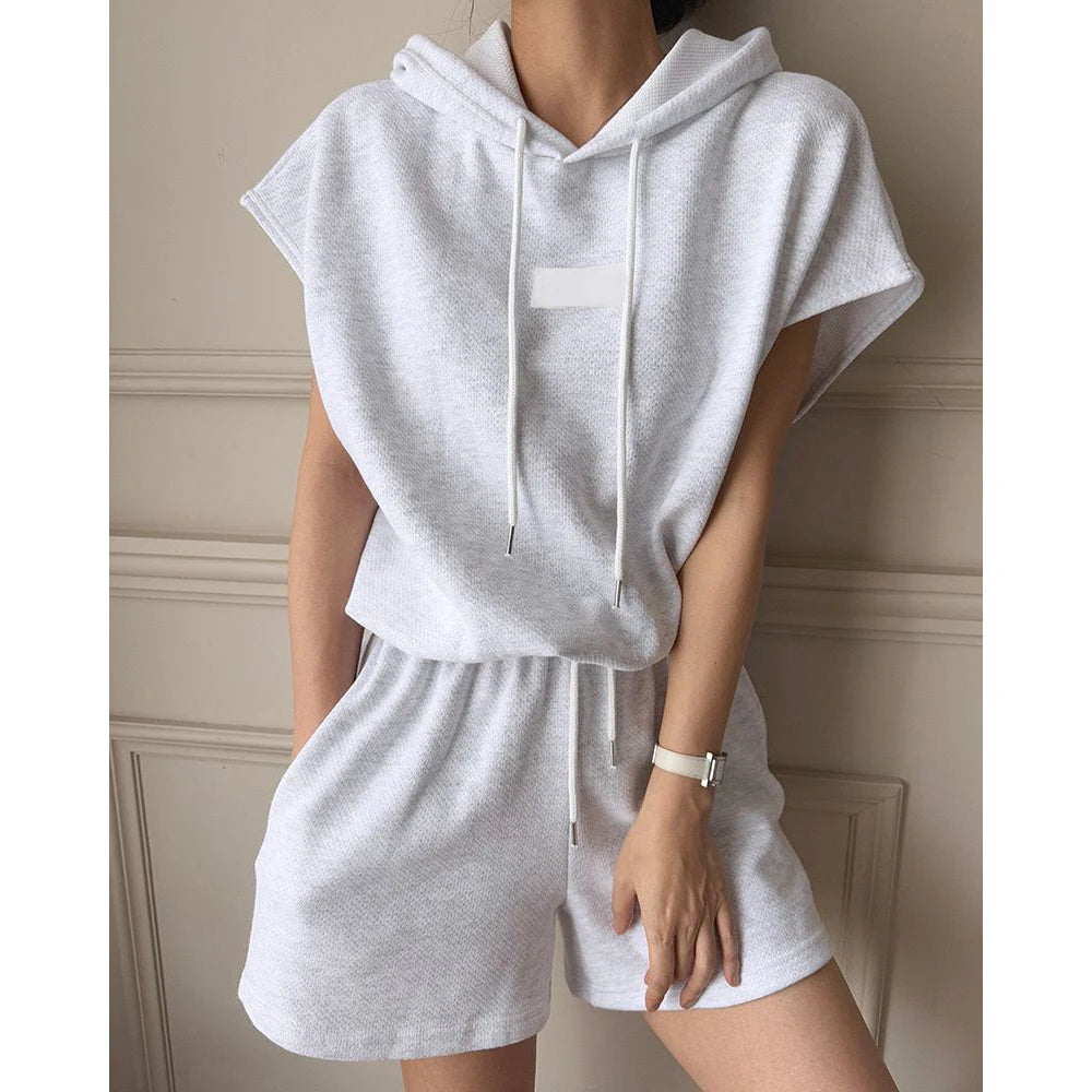 Casual Sportswear Set Women's Summer Fashion High Waist Wide Leg Shorts Two-Piece Suit Short Sleeve Hoodie Loose Fit Streetwear