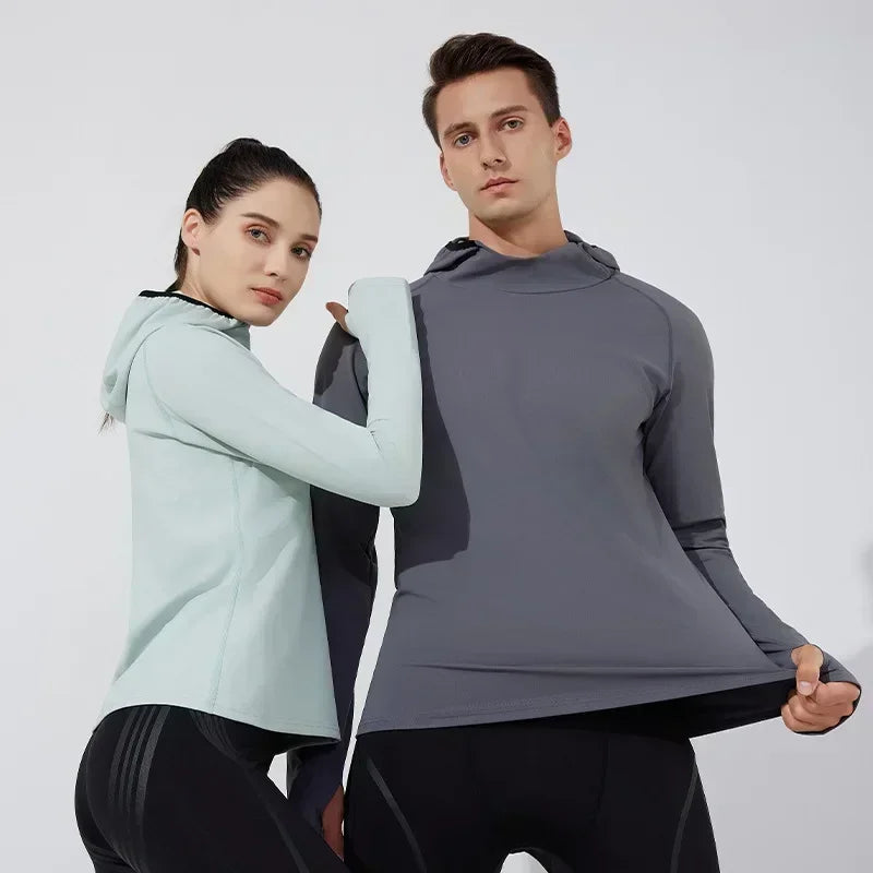 Men Gym Sportswear Hoodie T Shirt Man Long Sleeve Tops Fall Winter Velvet Running Jackets Women Hooded Sports Top Fitness Wear