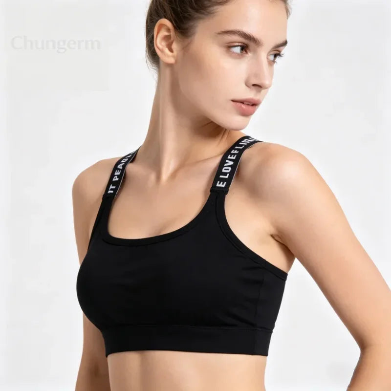 Sports Underwear Women Yoga Fitness Seamless Crop Top Wide Letter Straps Comfortable Workout Activewear Back Without Underwire I