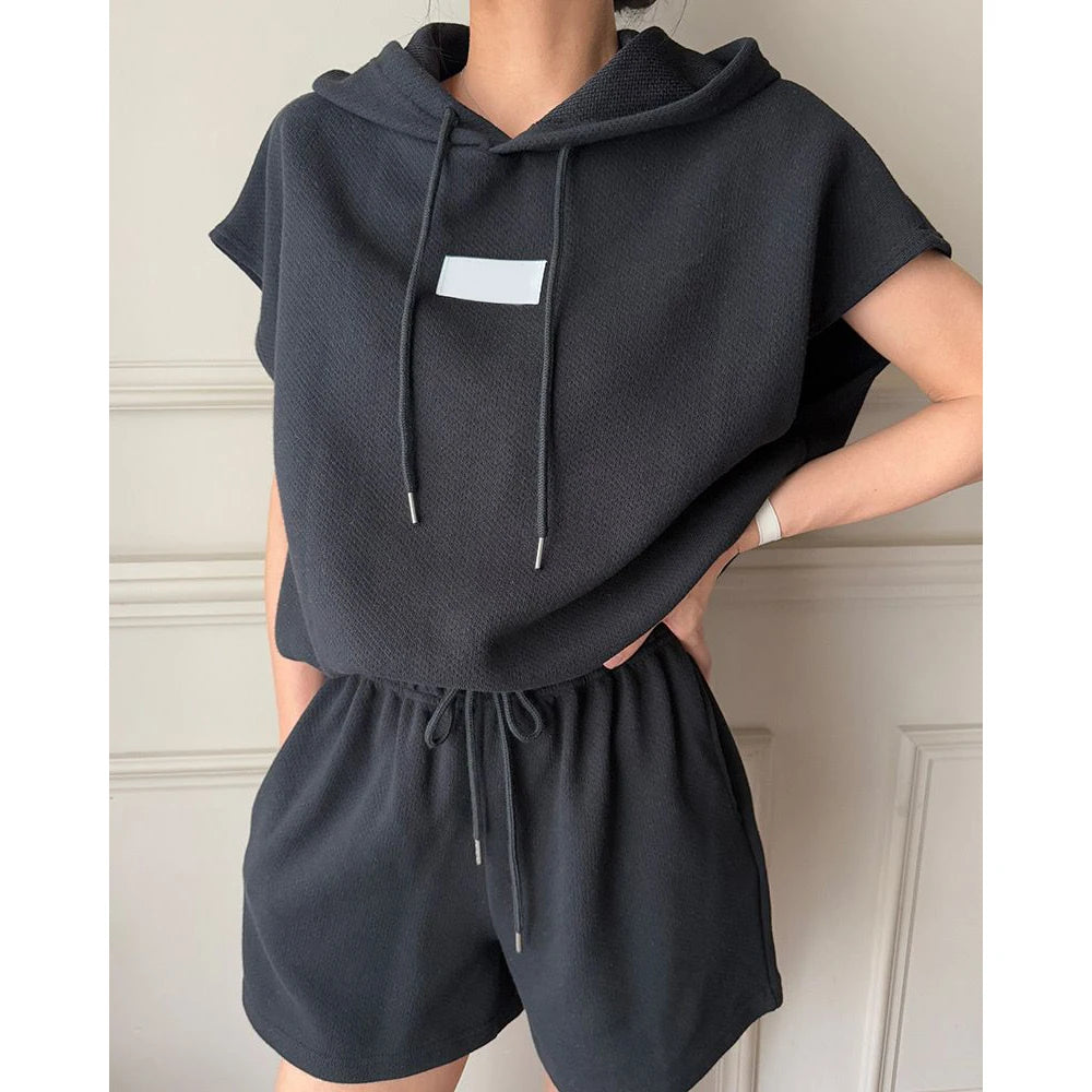 Casual Sportswear Set Women's Summer Fashion High Waist Wide Leg Shorts Two-Piece Suit Short Sleeve Hoodie Loose Fit Streetwear