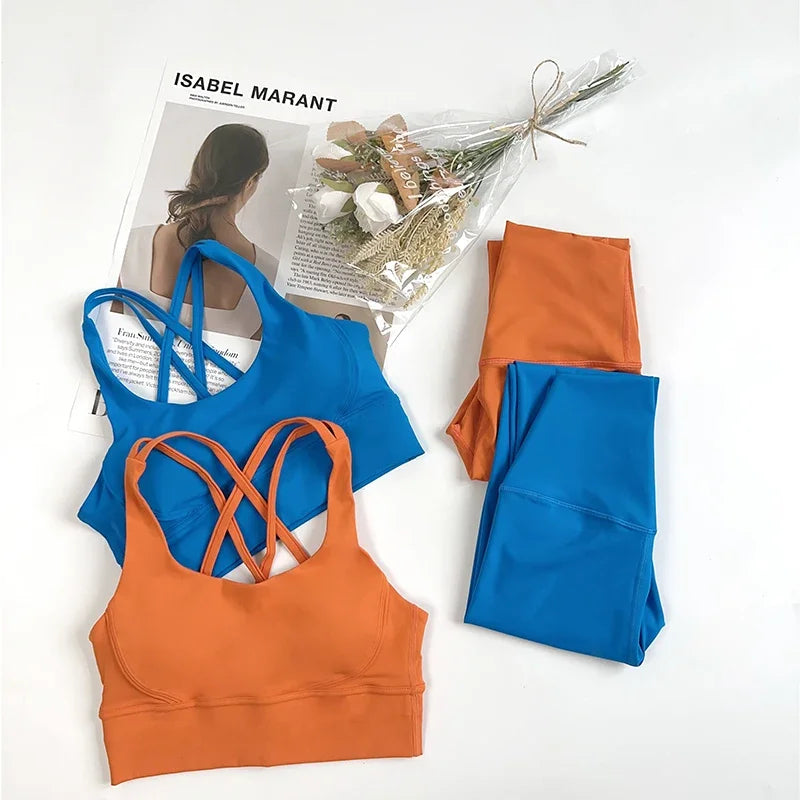 2 Pieces Yoga Set Women Gym Set Workout Clothes Sports Suits High Waist Leggings Cross Straps Fitness Bra Running Tracksuit👚👍️