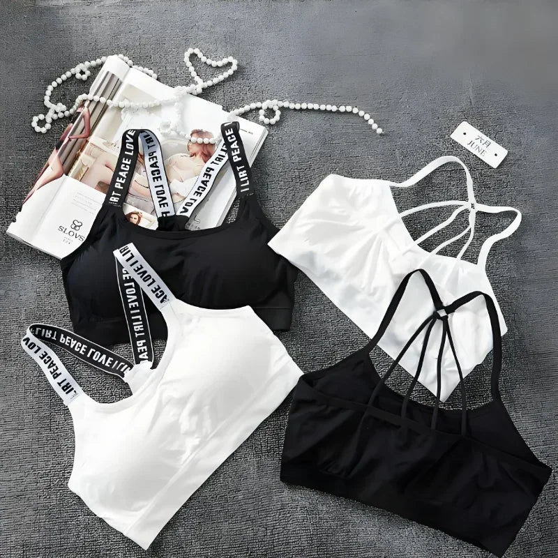Sports Underwear Women Yoga Fitness Seamless Crop Top Wide Letter Straps Comfortable Workout Activewear Back Without Underwire I