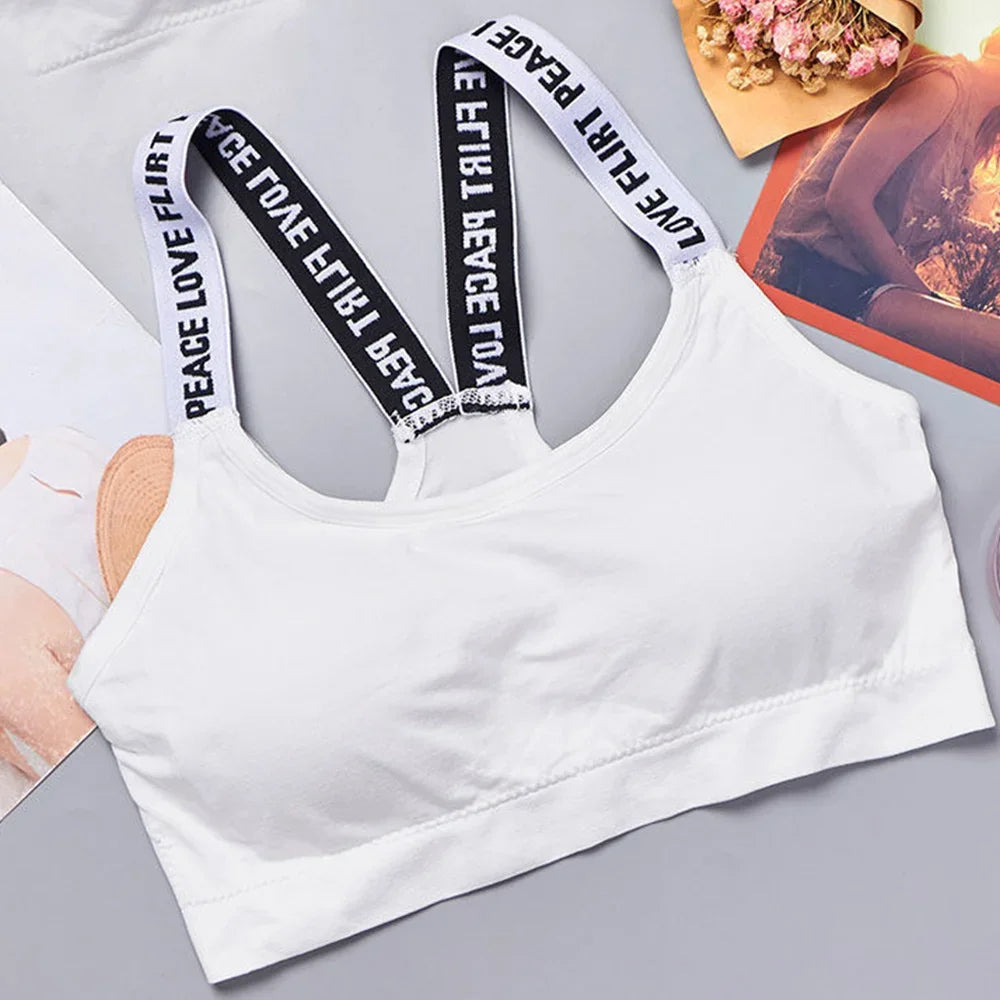 Sports Underwear Women Yoga Fitness Seamless Crop Top Wide Letter Straps Comfortable Workout Activewear Back Without Underwire I