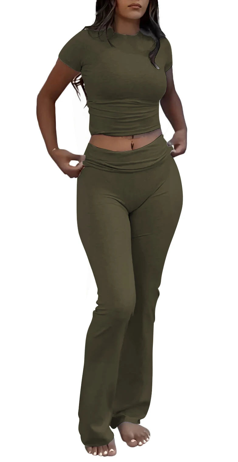 Casual Workout Two Piece Outfits for Women Short Sleeve Crop High Waist Foldover Flare Pants Tracksuit Sets Streetwear