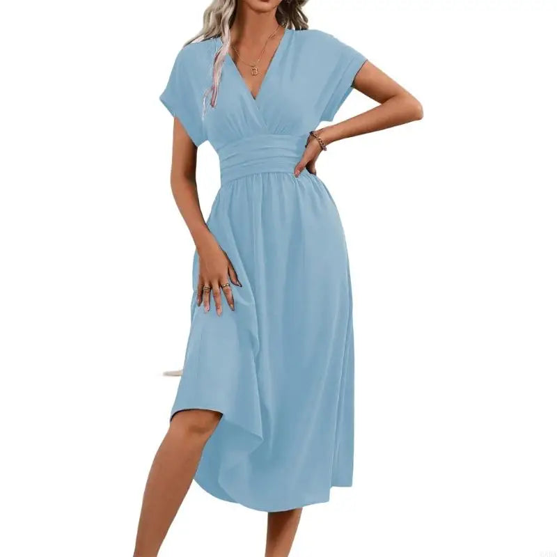 Casual Dress for Women, Wrap V Neck, Ruffle Short Sleeve, Waist, A Line Swing Cocktail 6XDA