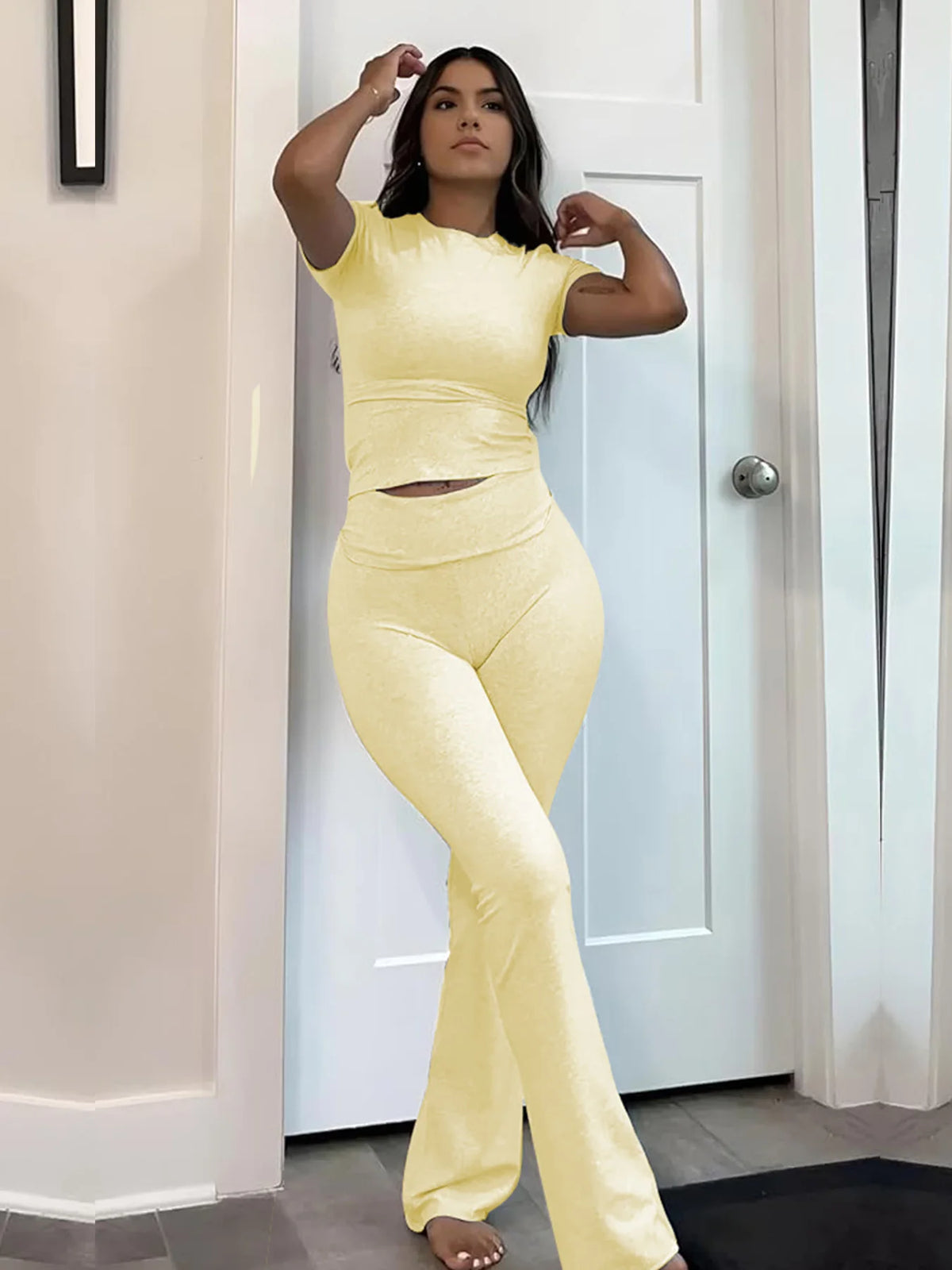 Casual Workout Two Piece Outfits for Women Short Sleeve Crop High Waist Foldover Flare Pants Tracksuit Sets Streetwear