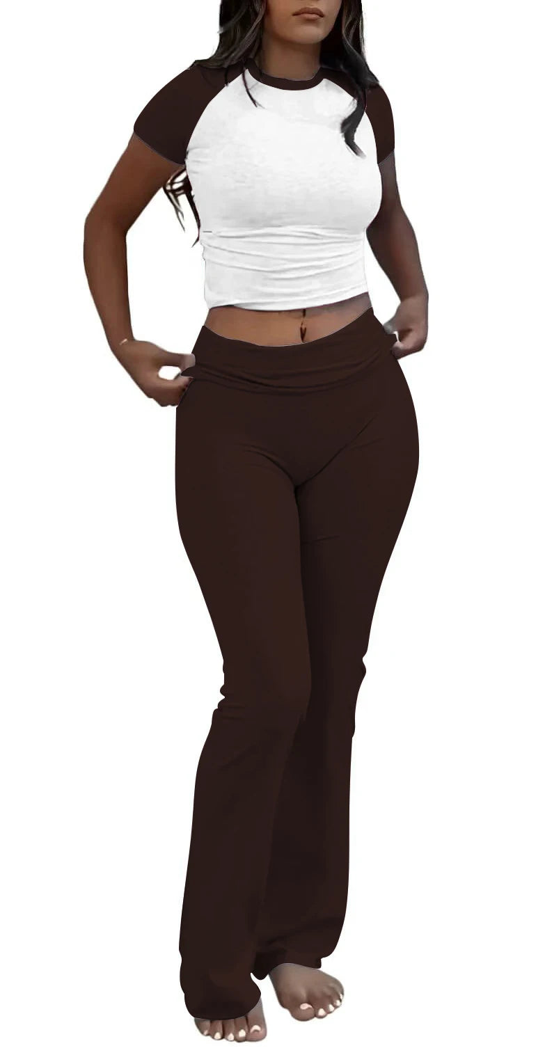 Casual Workout Two Piece Outfits for Women Short Sleeve Crop High Waist Foldover Flare Pants Tracksuit Sets Streetwear