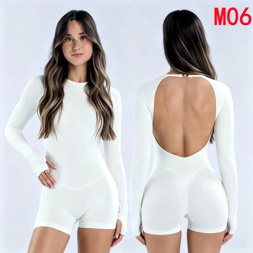 Yoga Set T-shirt Sets Impact Shorts Sleeve Tops Leggings Set Women Backless Long Sleeve Gym Suit Clothes Outfit Workout Bodysuit