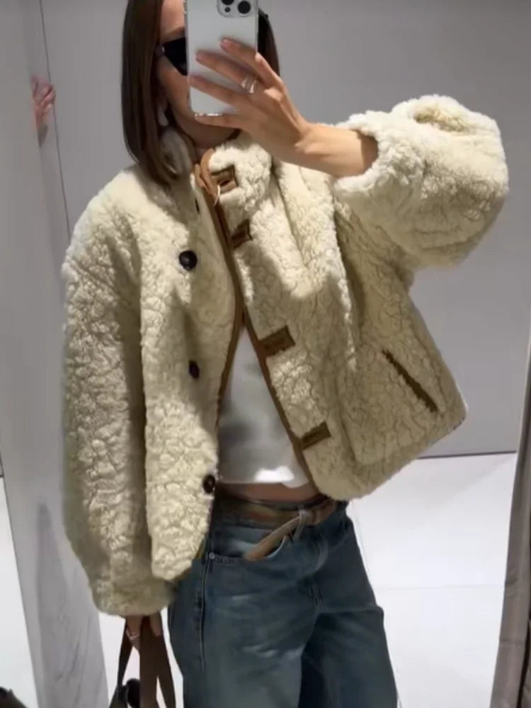 Casual Lapel Lamb Wool Jacket Women Chic Pocket V-neck Stand Collar Loose Short Coat Fashion Daily Office Warm Street Outerwears