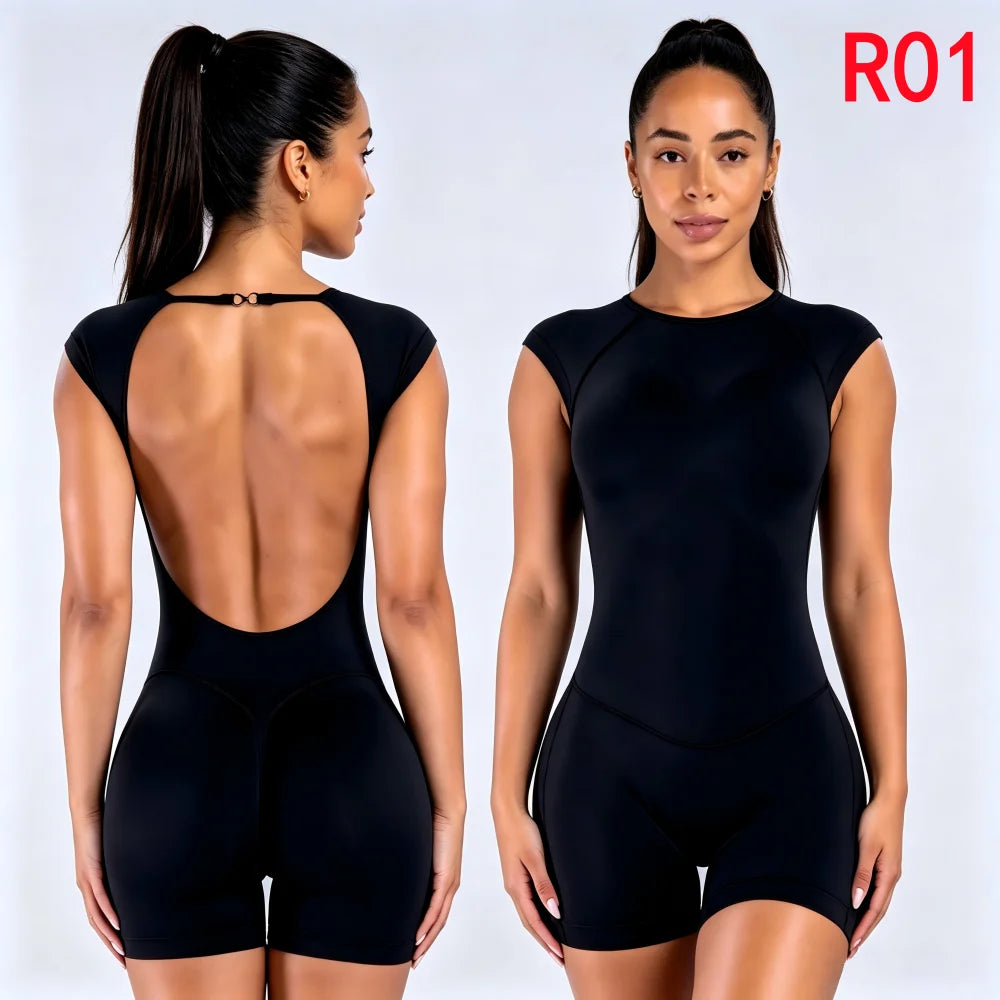 Yoga Set T-shirt Sets Impact Shorts Sleeve Tops Leggings Set Women Backless Long Sleeve Gym Suit Clothes Outfit Workout Bodysuit