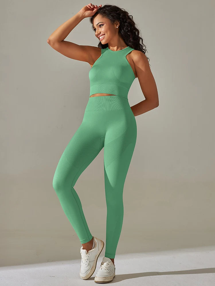 Women Yoga Set Sports Suit Sports Vest Gym Leggings 2Pcs Suit Seamless Workout Clothes Sportswear Running Fitness Tracksuit
