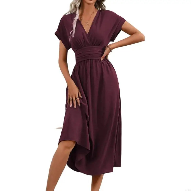 Casual Dress for Women, Wrap V Neck, Ruffle Short Sleeve, Waist, A Line Swing Cocktail 6XDA
