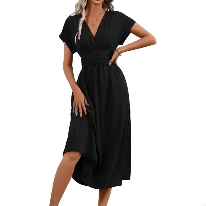 Casual Dress for Women, Wrap V Neck, Ruffle Short Sleeve, Waist, A Line Swing Cocktail 6XDA