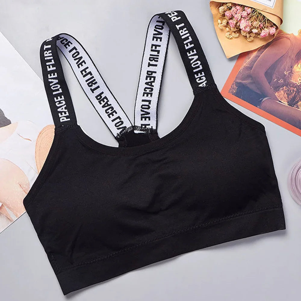 Sports Underwear Women Yoga Fitness Seamless Crop Top Wide Letter Straps Comfortable Workout Activewear Back Without Underwire I