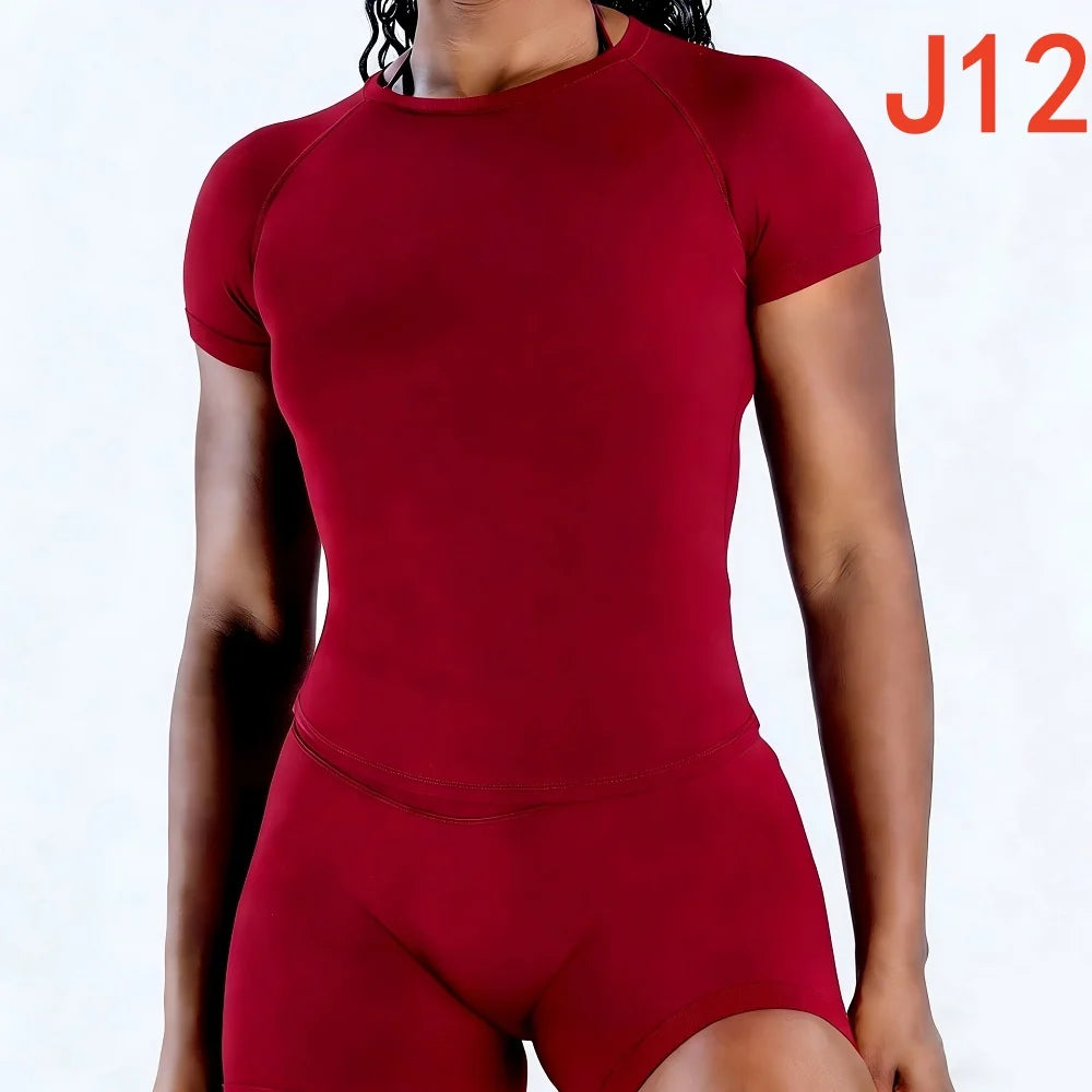 Yoga Set T-shirt Sets Impact Shorts Sleeve Tops Leggings Set Women Backless Long Sleeve Gym Suit Clothes Outfit Workout Bodysuit