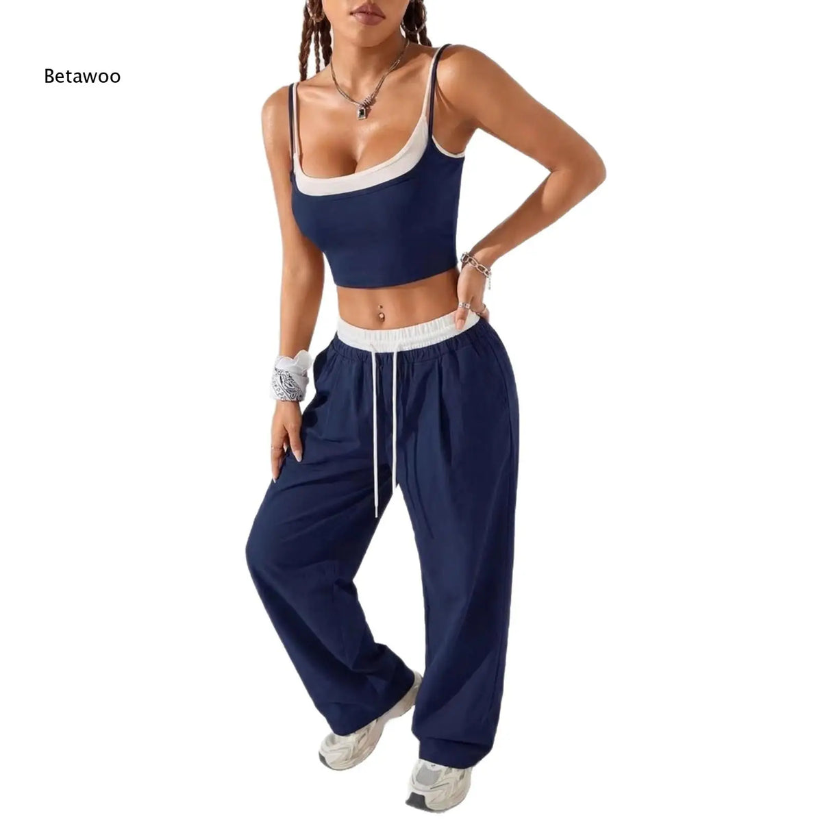 Casual 2 Piece Streetwear Set for Women, Contrast Trim Cami Crop Top with Wide Leg Pants
