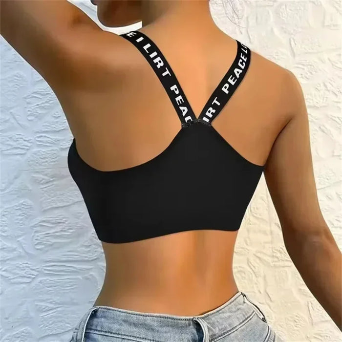 Sports Underwear Women Yoga Fitness Seamless Crop Top Wide Letter Straps Comfortable Workout Activewear Back Without Underwire I