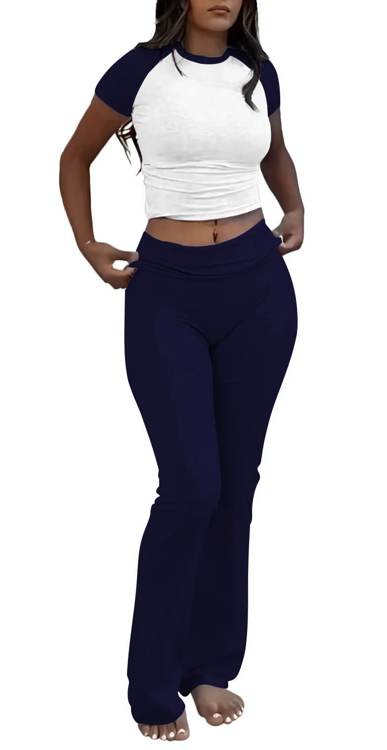 Casual Workout Two Piece Outfits for Women Short Sleeve Crop High Waist Foldover Flare Pants Tracksuit Sets Streetwear