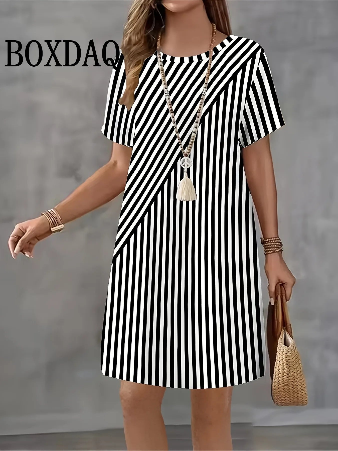 Casual Elegant Women Dresses Fashion Loose Mini Dress Short Sleeve Pullover Female Clothing Summer Striped Print Dress Plus Size