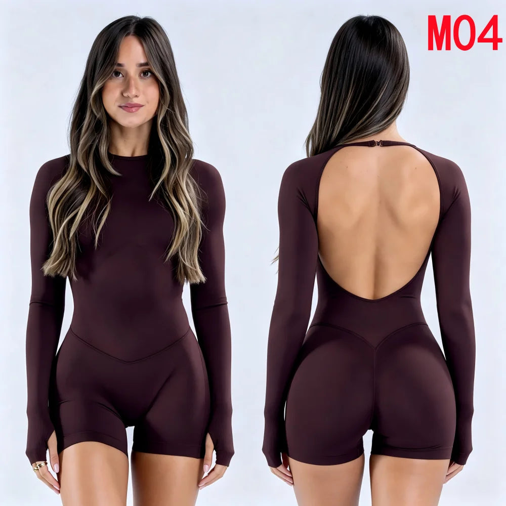 Yoga Set T-shirt Sets Impact Shorts Sleeve Tops Leggings Set Women Backless Long Sleeve Gym Suit Clothes Outfit Workout Bodysuit