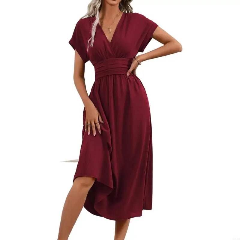 Casual Dress for Women, Wrap V Neck, Ruffle Short Sleeve, Waist, A Line Swing Cocktail 6XDA