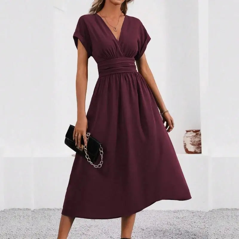 Casual Dress for Women, Wrap V Neck, Ruffle Short Sleeve, Waist, A Line Swing Cocktail 6XDA