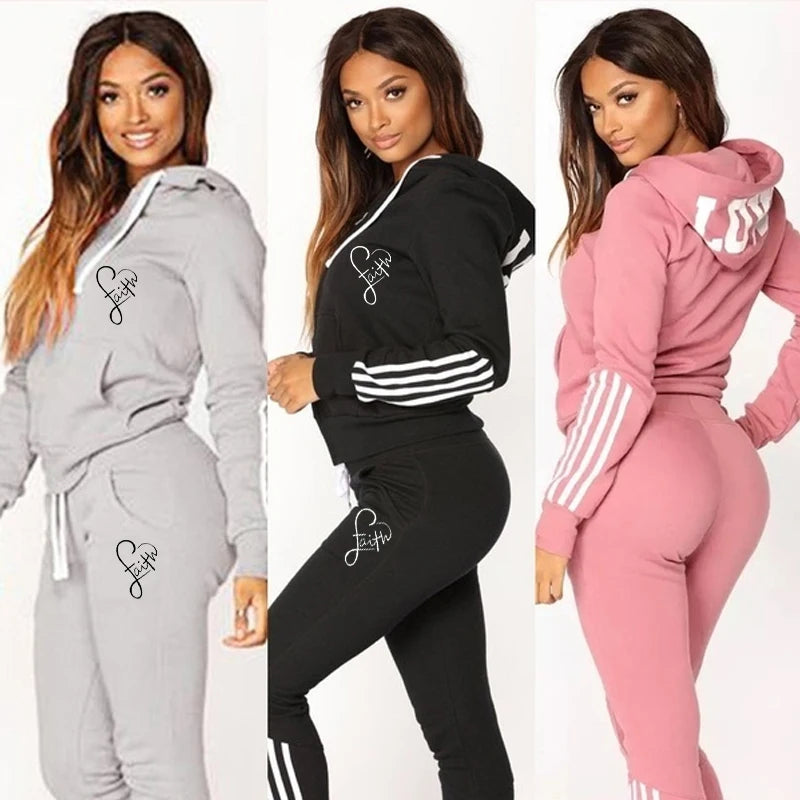 Ladies Fashion Printed Hoodies and Long Pants Set Tracksuits Women Two Pieces Jogging Sports Wear Suit