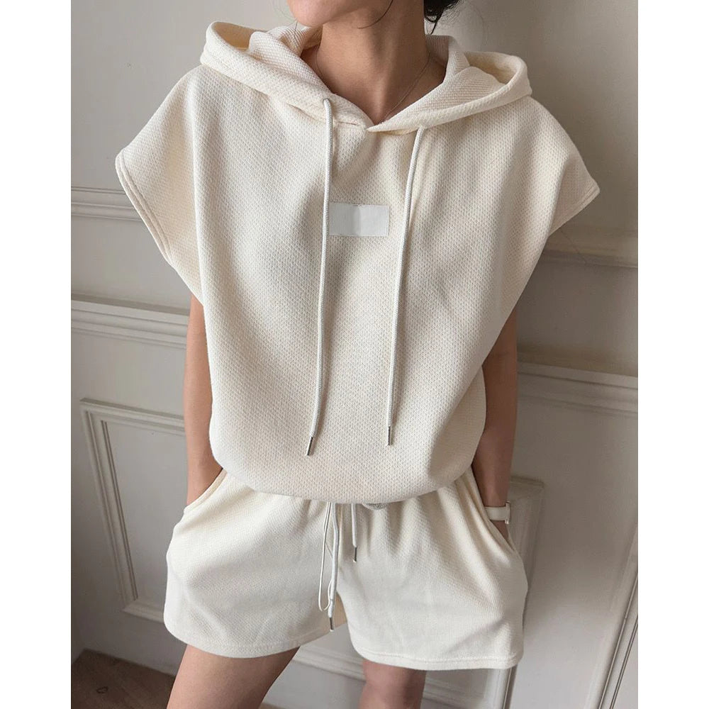 Casual Sportswear Set Women's Summer Fashion High Waist Wide Leg Shorts Two-Piece Suit Short Sleeve Hoodie Loose Fit Streetwear