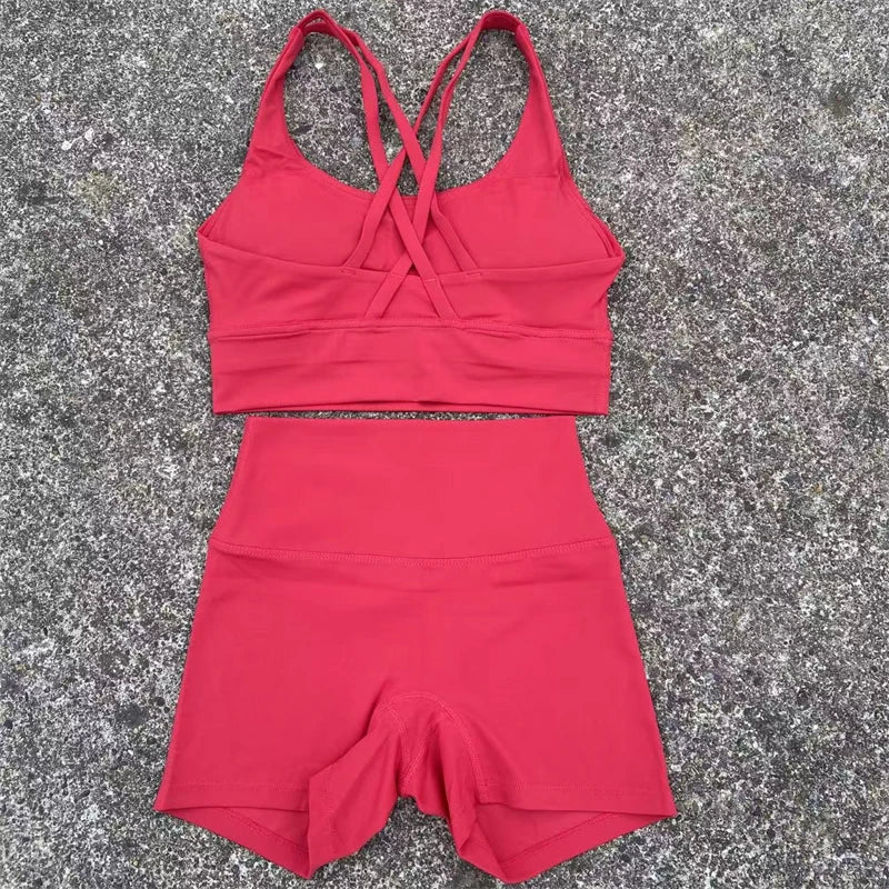 Yoga Shorts Set Gym Sports Set Women Workout Clothes 2 Piece Fitness Suit Cross Straps Bra High Waist Shorts Running Tracksuit