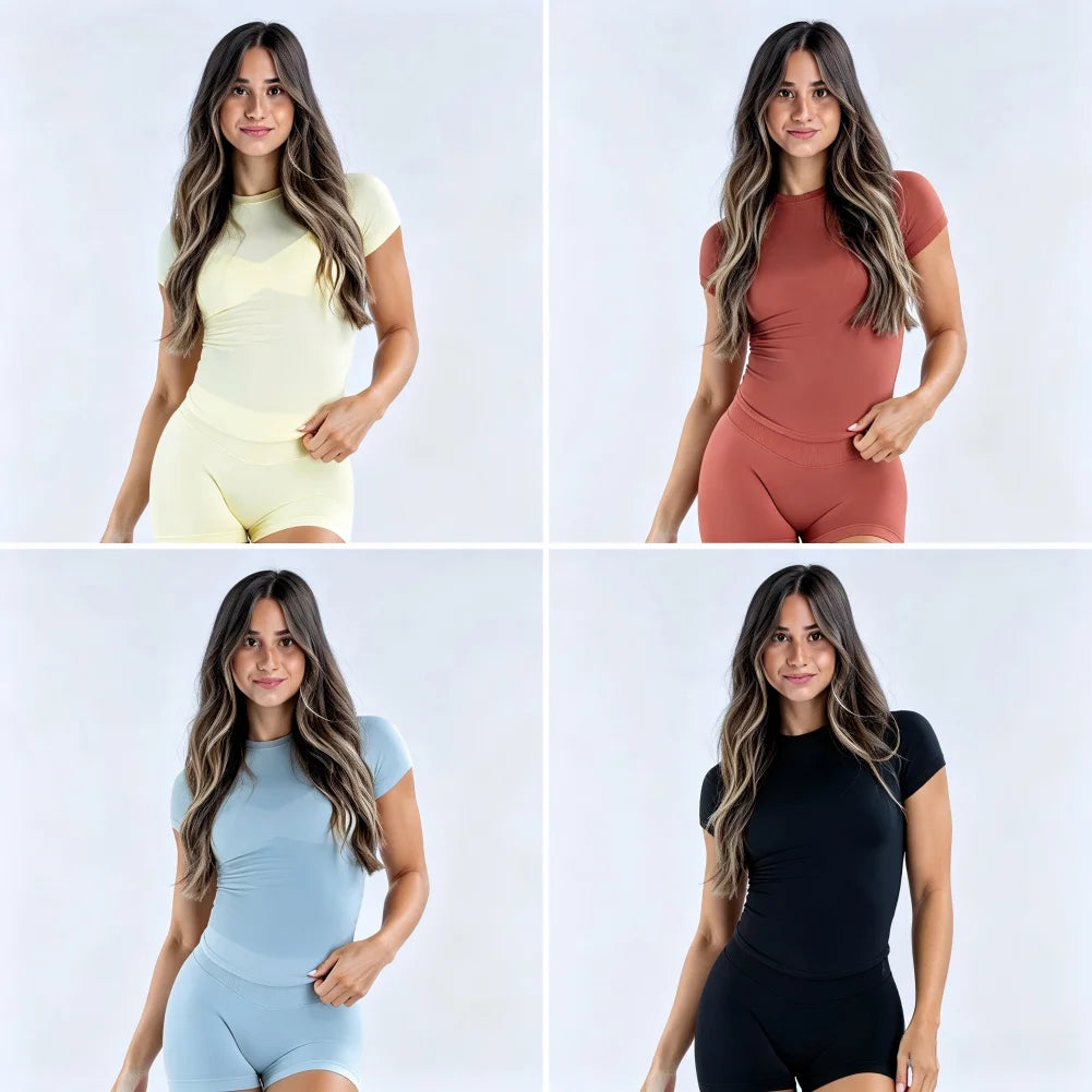 Yoga Set T-shirt Sets Impact Shorts Sleeve Tops Leggings Set Women Backless Long Sleeve Gym Suit Clothes Outfit Workout Bodysuit