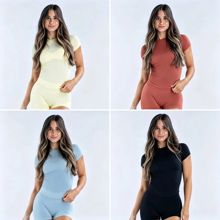 Yoga Set T-shirt Sets Impact Shorts Sleeve Tops Leggings Set Women Backless Long Sleeve Gym Suit Clothes Outfit Workout Bodysuit