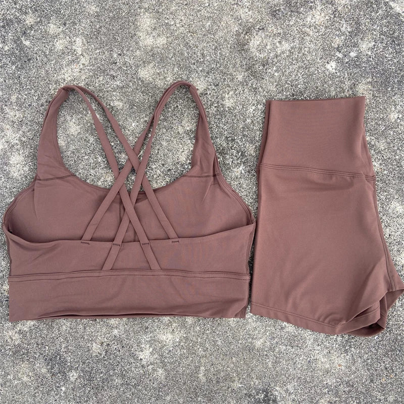 Yoga Shorts Set Gym Sports Set Women Workout Clothes 2 Piece Fitness Suit Cross Straps Bra High Waist Shorts Running Tracksuit