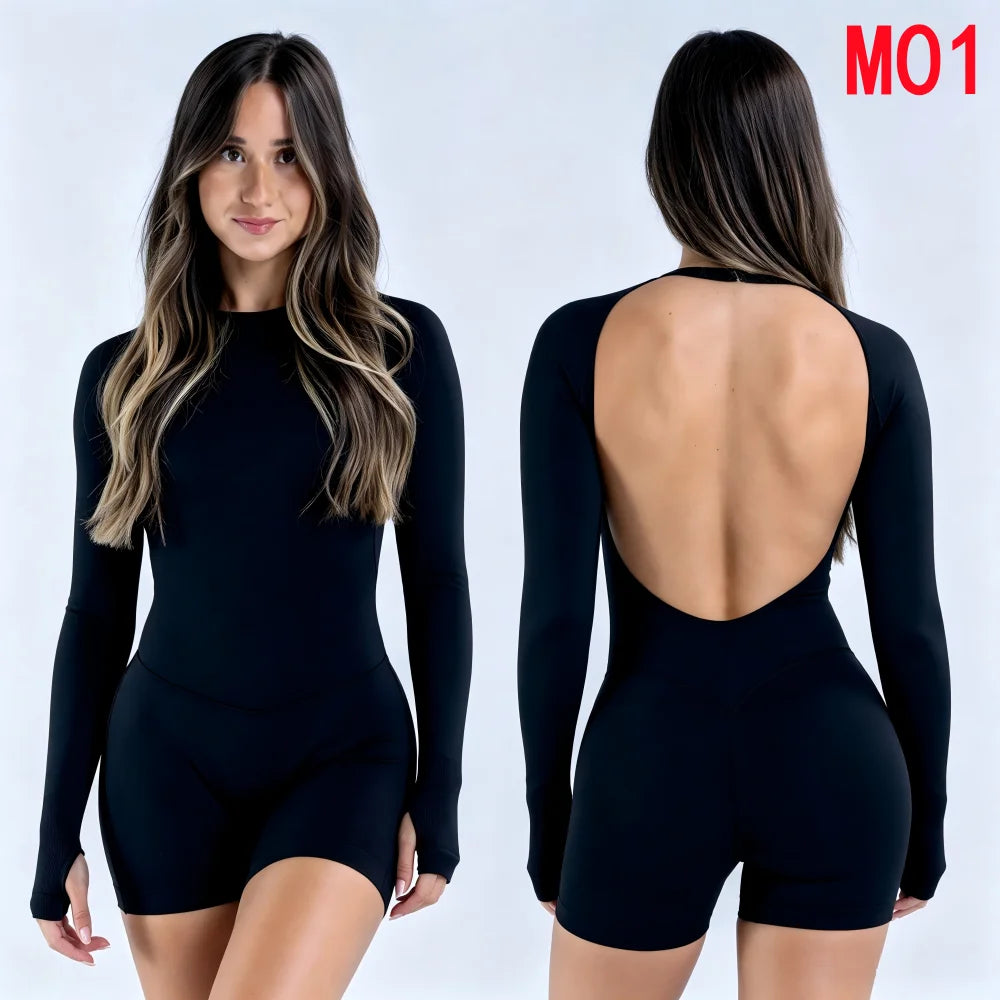 Yoga Set T-shirt Sets Impact Shorts Sleeve Tops Leggings Set Women Backless Long Sleeve Gym Suit Clothes Outfit Workout Bodysuit