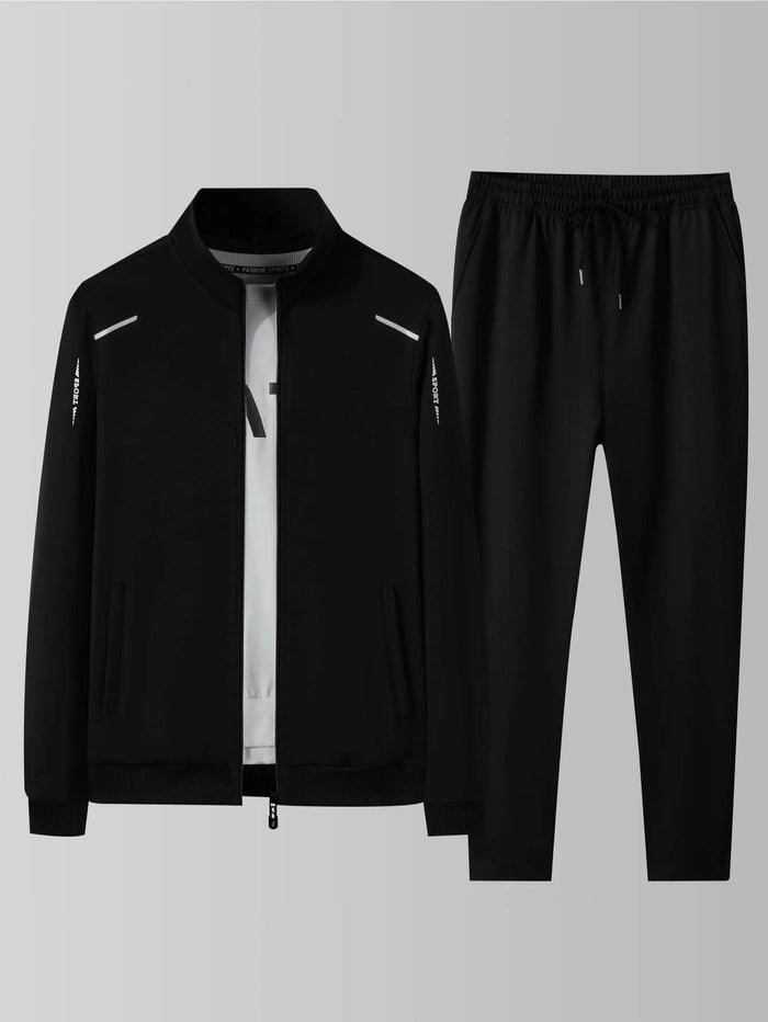 Men's Casual Sportswear Set, Spring and Autumn Stand-Up Collar Open Jacket, Elastic Waist Pants, Two-Piece Set, Fashionable Runn