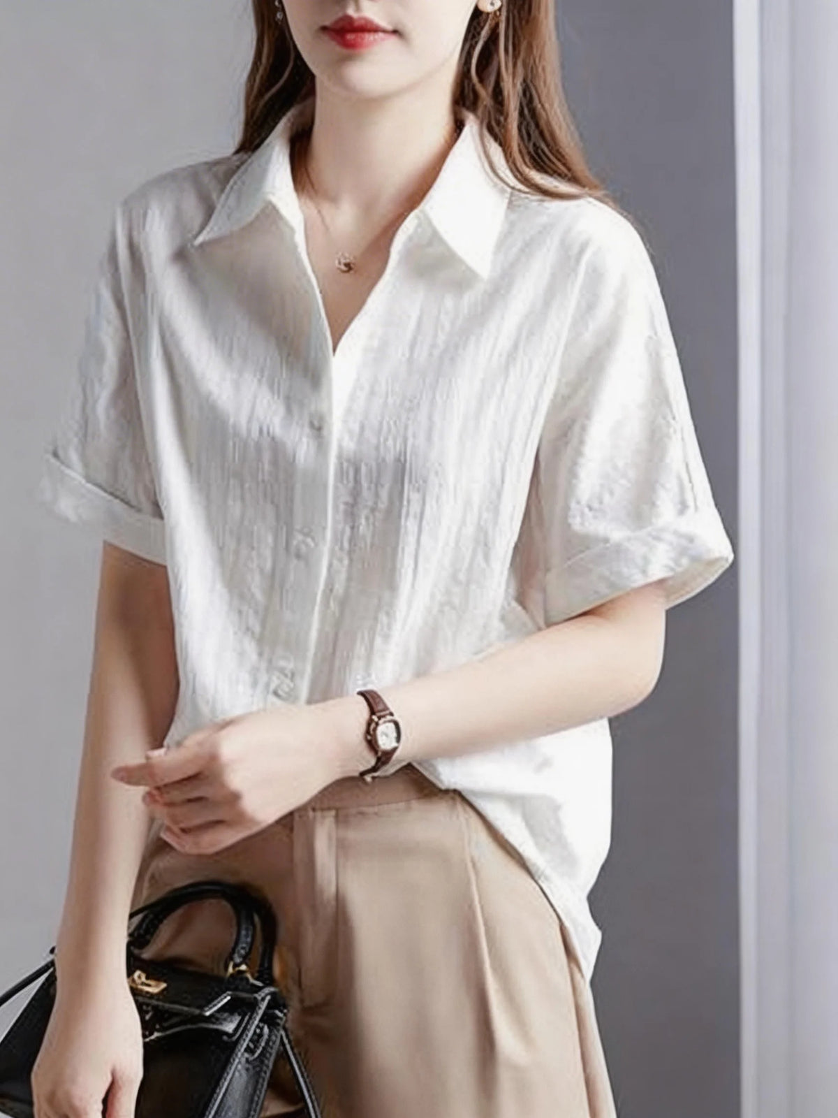 Women's Casual White Blouse, Short Sleeve V-Neck Shirt, Business Office Workwear, Breathable Textured Blouse