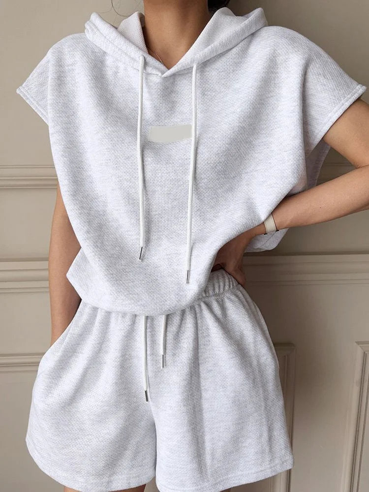 Casual Sportswear Set Women's Summer Fashion High Waist Wide Leg Shorts Two-Piece Suit Short Sleeve Hoodie Loose Fit Streetwear