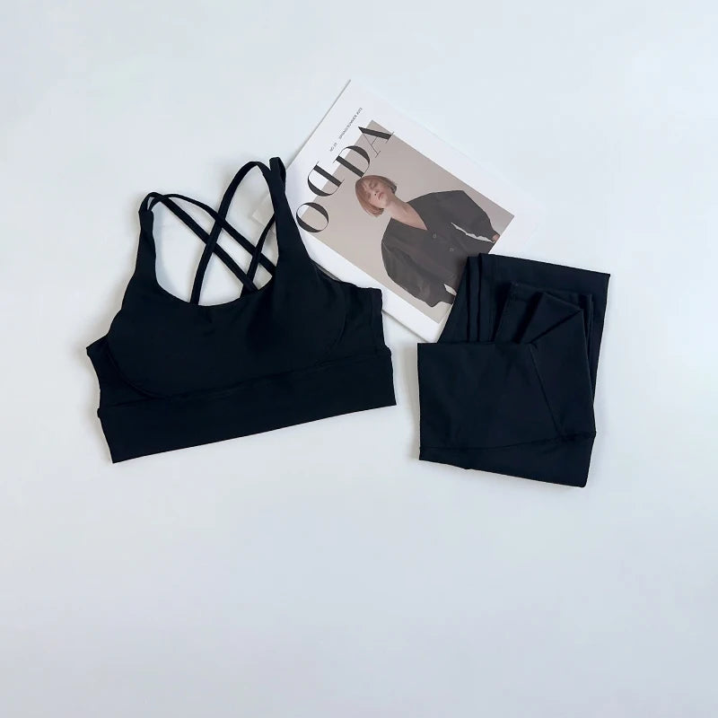 2 Pieces Yoga Set Women Gym Set Workout Clothes Sports Suits High Waist Leggings Cross Straps Fitness Bra Running Tracksuit👚👍️