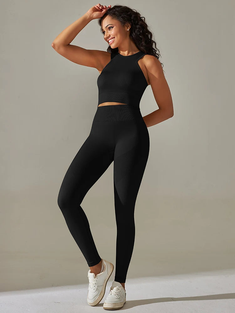 Women Yoga Set Sports Suit Sports Vest Gym Leggings 2Pcs Suit Seamless Workout Clothes Sportswear Running Fitness Tracksuit