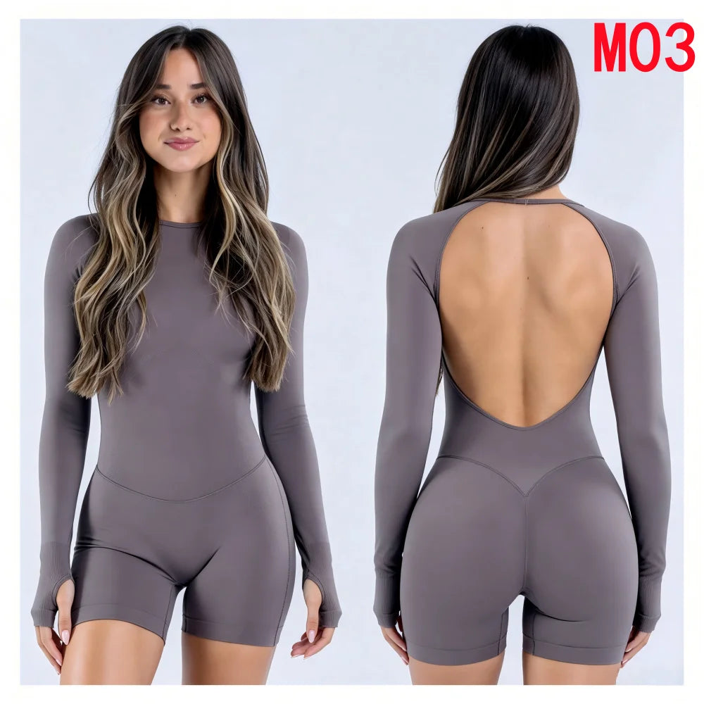 Yoga Set T-shirt Sets Impact Shorts Sleeve Tops Leggings Set Women Backless Long Sleeve Gym Suit Clothes Outfit Workout Bodysuit