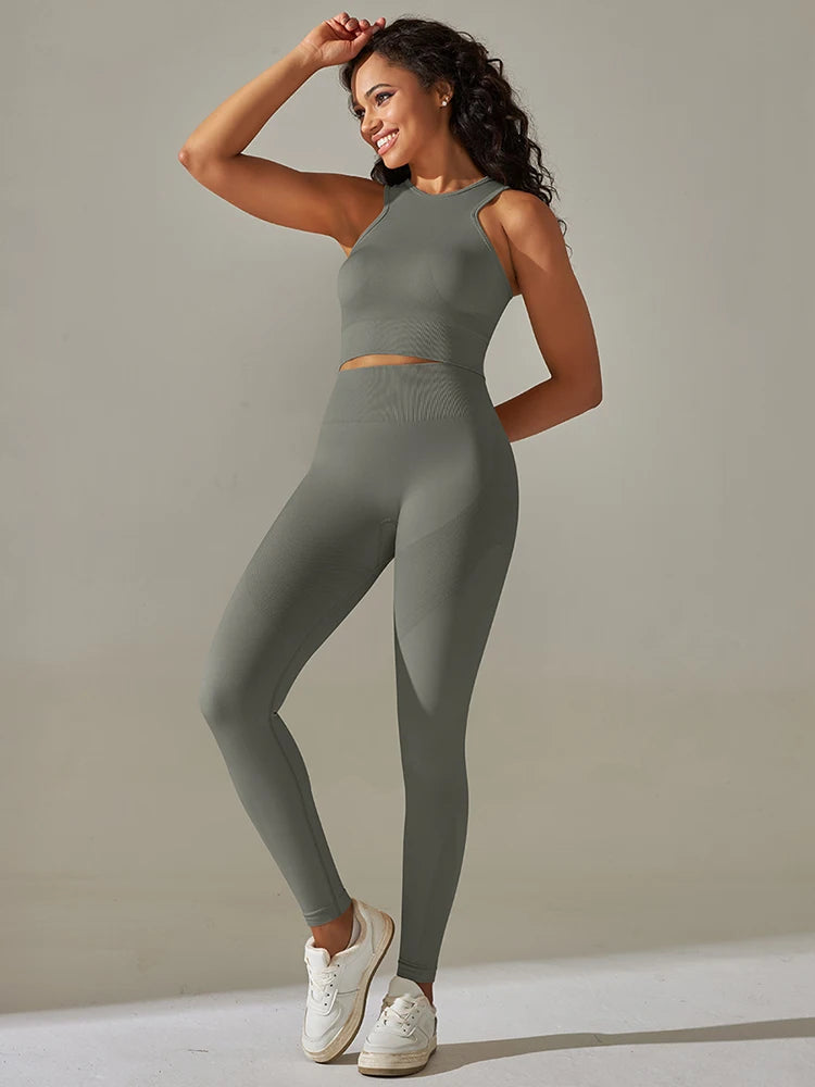 Women Yoga Set Sports Suit Sports Vest Gym Leggings 2Pcs Suit Seamless Workout Clothes Sportswear Running Fitness Tracksuit