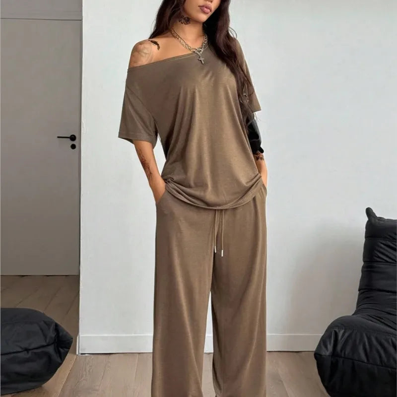 Casual New In Matching Sets 2 Pieces Set For Woman Two Piece Outfits Blusas T Shirt Tees Simple Style Homewear Loose Solid Color
